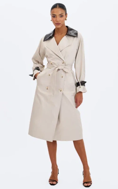 Miss Circle Umber Double-breasted Faux Leather Lapel Trench Coat In Neutral