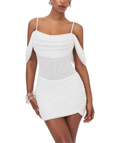 Miss Circle Umnia Mesh Off-shoulder Drape Mini Dress In White
