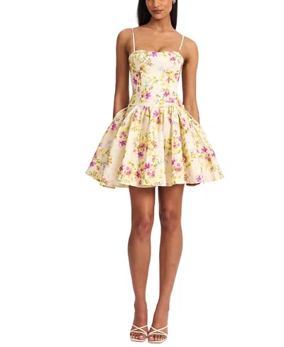 Miss Circle Women Valda Yellow And Pink Print Linen Mini Dress With Pockets In Multi