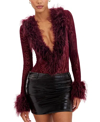 Miss Circle Valene Burnout Velvet Fur-trim Bodysuit In Burgundy