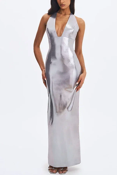Miss Circle Valeska Foil Plunging Maxi Dress In Silver, Women's At Urban Outfitters