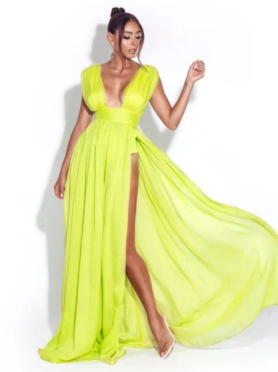 Miss Circle Valley Of Angels Chiffon Pleated High Slit Maxi Dress In Green