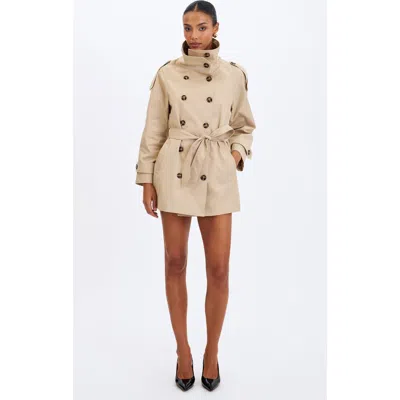 Miss Circle Vanetta High Collar Double-breasted Trench Mini Coat In Neutral