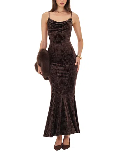 Miss Circle Veronique Croc-embossed Velvet Cowl Neck Mermaid Maxi Dress In Brown