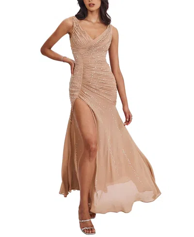 Miss Circle Viveca Crystal-embellished Asymmetrical Ruched Maxi Dress In Neutral