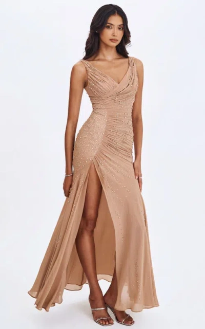 Miss Circle Viveca Crystal-embellished Asymmetrical Ruched Maxi Dress In Neutral