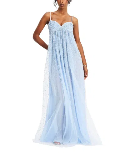 Miss Circle Wallie Rhinestone Embellished Mesh Backless Gown In Blue