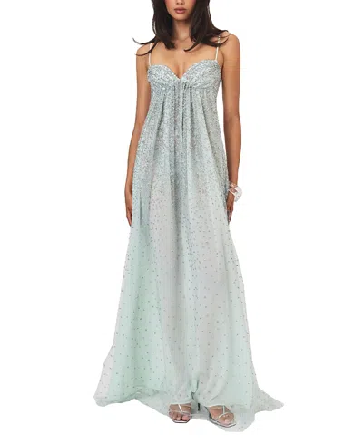 Miss Circle Wallie Rhinestone Embellished Mesh Backless Gown In Blue