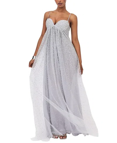 Miss Circle Wallie Rhinestone Embellished Mesh Backless Gown In Gray