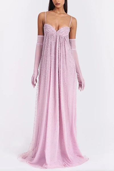 Miss Circle Walliee Rhinestone Embellished Mesh Backless Gown In Neutral
