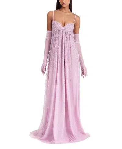 Miss Circle Walliee Rhinestone Embellished Mesh Backless Gown In Neutral