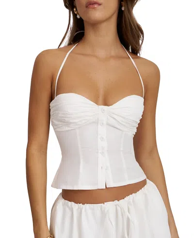 Miss Circle Waverly Cotton Poplin Button-front Sweetheart Halter Top In White