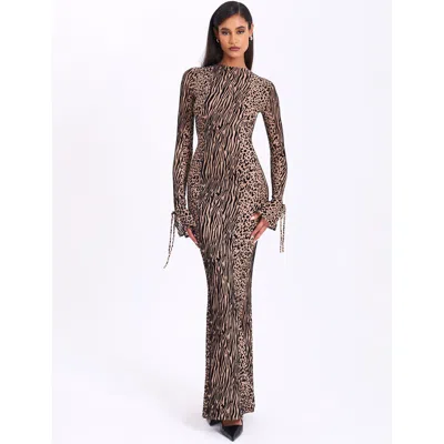 Miss Circle Waylynn Nude Black Animal Print Burnout Velvet Detail Mesh Backless Maxi Dress