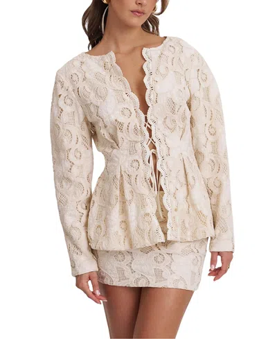 Miss Circle Wenley Cotton Lace Puff Sleeve Cinched Top In Neutral