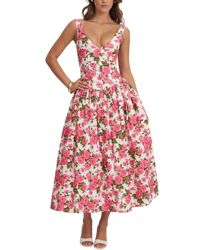 Miss Circle Wilfreda Blooming Floral Linen Sweetheart Midi Dress In Multi