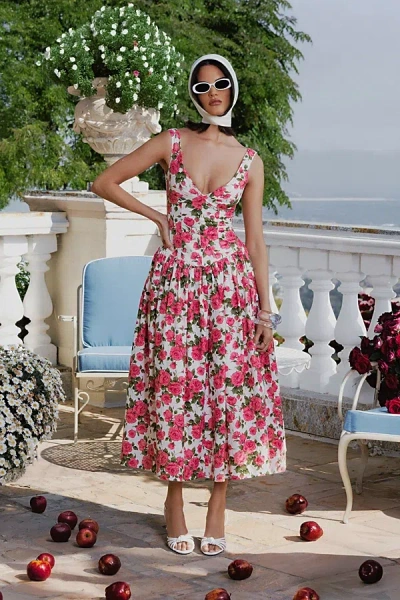 Miss Circle Wilfreda Floral Linen Sweetheart Midi Dress In Pink Floral, Women's At Urban Outfitters In Multi