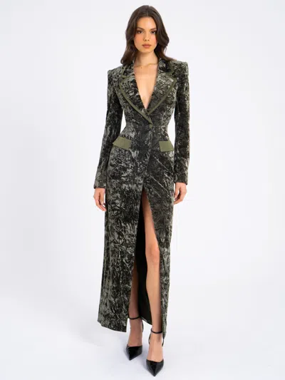 Miss Circle Willow Green Glossy Velvet High Slit Blazer Gown
