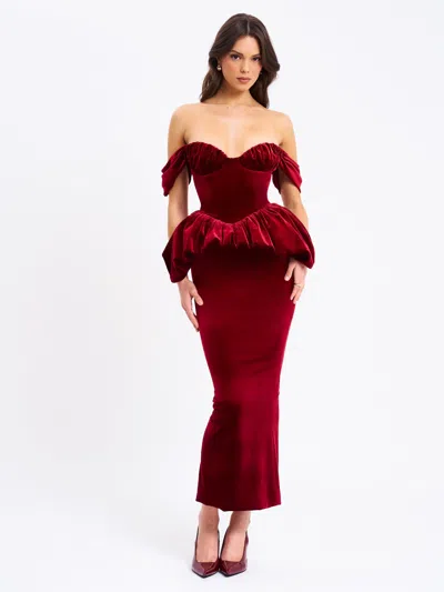 Miss Circle Women Abigail Velvet Off Shoulder Bubble Hem Peplum Maxi Dress In Red