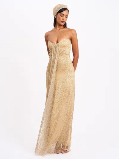 Miss Circle Women Ada Gold Rhinestone Embellished Strapless Gown With Head Scarf