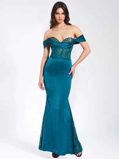 Miss Circle Women Callista Teal Satin Lace Corset Maxi Dress In Blue