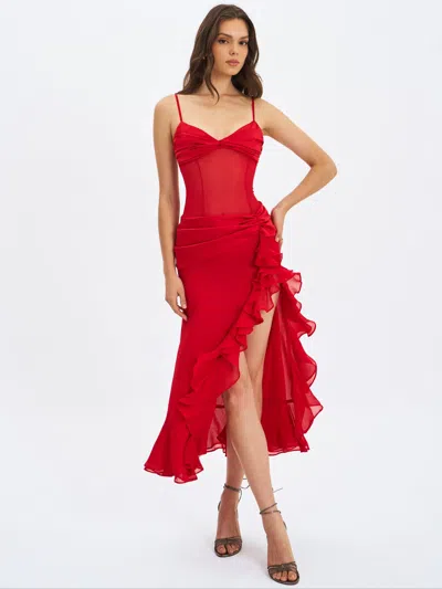 Miss Circle Women Dahlina Red Ruched Waist High Slit Midi Dress