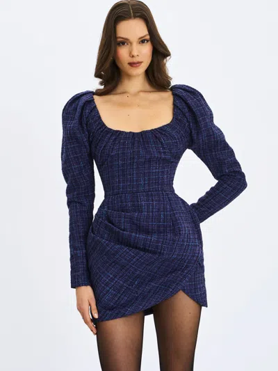 Miss Circle Women Denise Navy Tweed Ruched Puff Sleeve Mini Dress In Blue