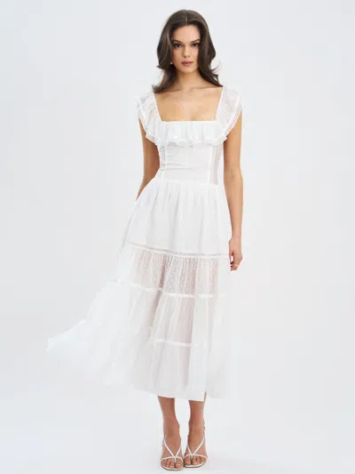 Miss Circle Women Eden Square Neck Ruffle Trim High Waist Midi Dress In White
