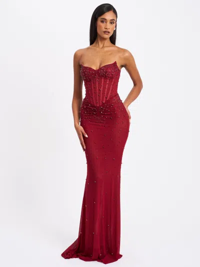 Miss Circle Women Fatima Burgundy Crystal Sleeveless Corset Mermaid Maxi Dress In Red