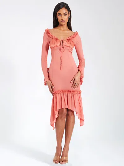 Miss Circle Women Fiorella Rosy Mauve Satin Rayon Midi Dress In Orange
