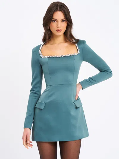 Miss Circle Women Gabella Dark Green Long Sleeve A-line Mini Dress With Crystal Trim In Blue