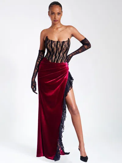Miss Circle Women Gaia Burgundy Lace Velvet Corset Side Slit Dress In Multi