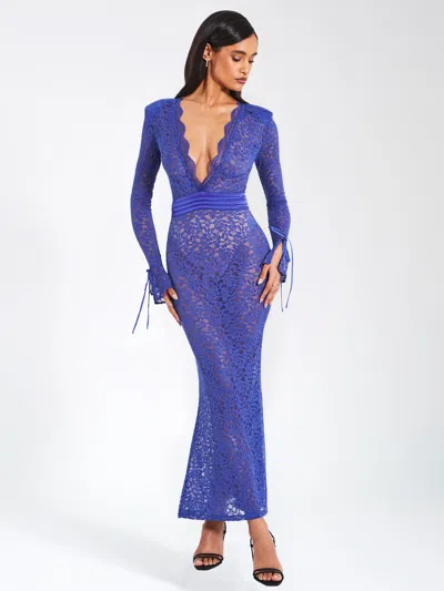 Miss Circle Women Giada Navy Lace Deep V Long Sleeve Maxi Dress In Blue