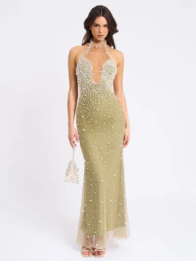 Miss Circle Women Ginny Pear Green Pearl Embellished Backless Gown