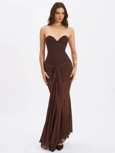 Miss Circle Women Giovana Espresso Sweetheart Draped Mesh Mermaid Maxi Dress In Brown