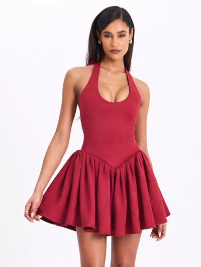 Miss Circle Women Hadara Burgundy Suede Halter Mini Full Dress In Red
