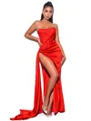 Miss Circle Holly Corset Crystallized High Slit Evening Gown In Red