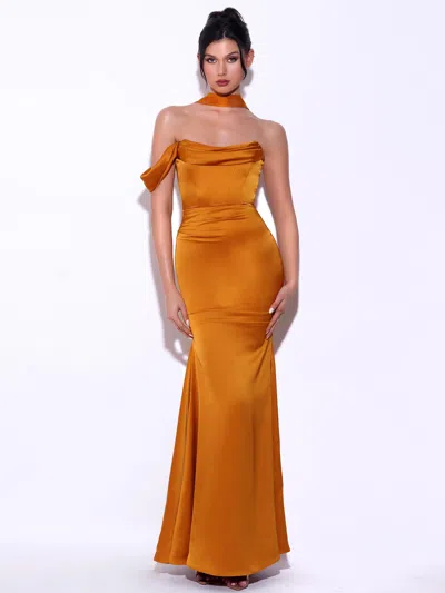 Miss Circle Women Ivona Gold Halter Neck Double Duchess Satin Gown In Orange