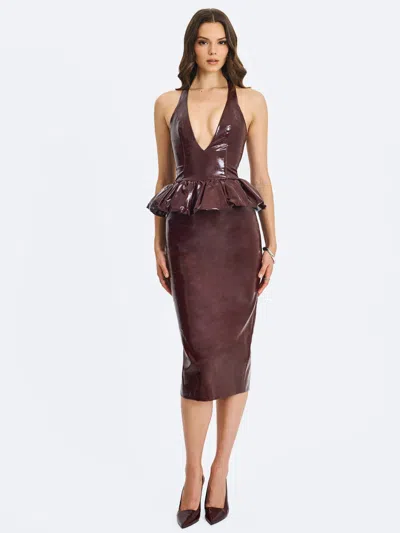 Miss Circle Women Jaslene Mahogany Ruched Peplum Plunge Halter Midi Dress In Brown