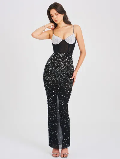 Miss Circle Women Jimena Crystal Embellished Back Slit Maxi Dress In Black