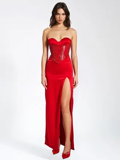 Miss Circle Women Kadesha Red Crystal High Slit Satin Corset Gown
