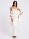 Miss Circle Karmen Faux Pearl Top Pencil Slip Gown With Scarf In White
