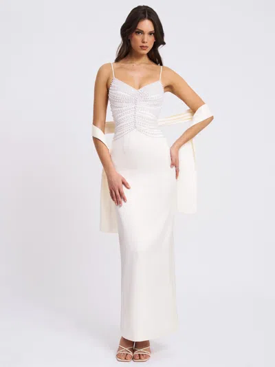 Miss Circle Women Karmen Pearl Top Pencil Slip Gown With Scarf In White