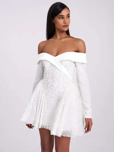 Miss Circle Women Kira Bead Embroidered Mesh Off Shoulder Long Sleeve Mini Dress In White