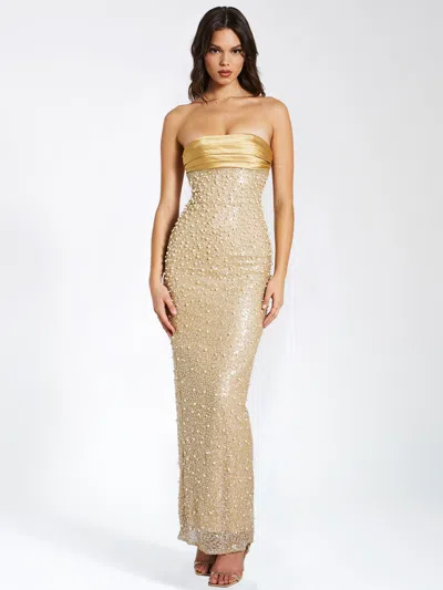 Miss Circle Women Lainey Gold Satin Sequin Pearls Beaded Maxi Dress In Brown