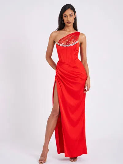 Miss Circle Women Lora Scarlet Crystal Embellished Mesh Satin Corset Gown In Red