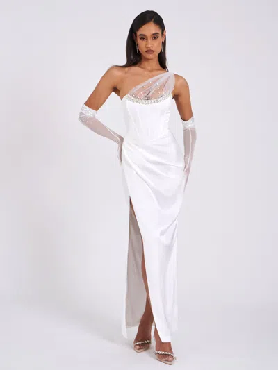 Miss Circle Women Lora White Crystal Embellished Mesh Satin Corset Gown