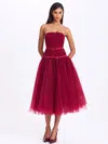 Miss Circle Women Mabel Burgundy Drop Waist Layered Mesh Midi Puffy Dress With Bow In Red