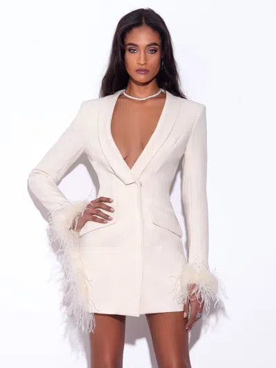 Miss Circle Women Madeline Pearl White Feather Trim Blazer Dress