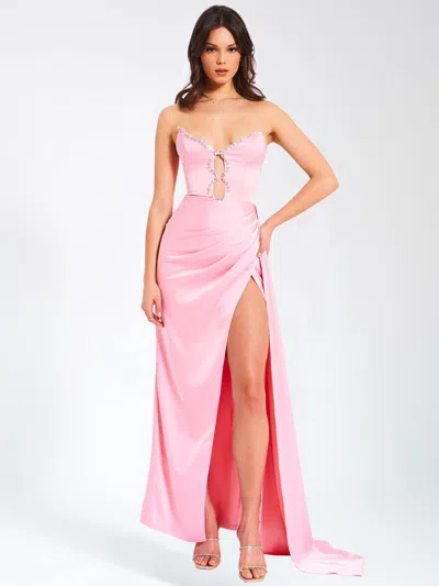 Miss Circle Women Marilyn Pink Satin Crystal Embellished High Slit Gown