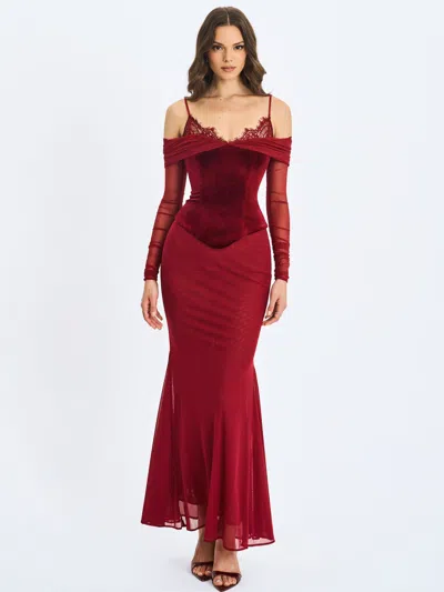 Miss Circle Women Maybelle Magenta Bardot Lace Strap Peplum Maxi Dress In Red